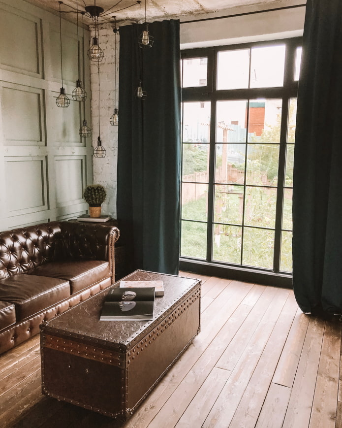 curtains in the living room in the loft style