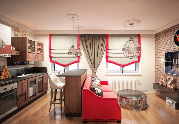 combination of curtains of various lengths in the interior