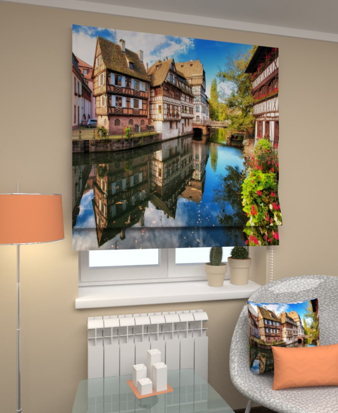 3d roman blinds depicting houses