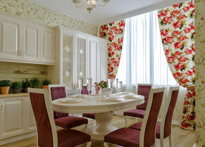 curtains with peonies in the interior of the kitchen curtains with peonies in the interior of the kitchen