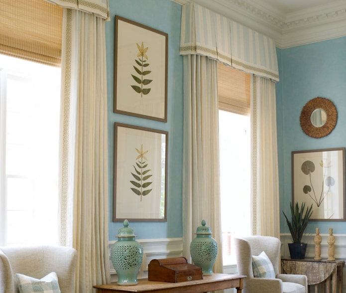 Two lambrequins on adjacent windows