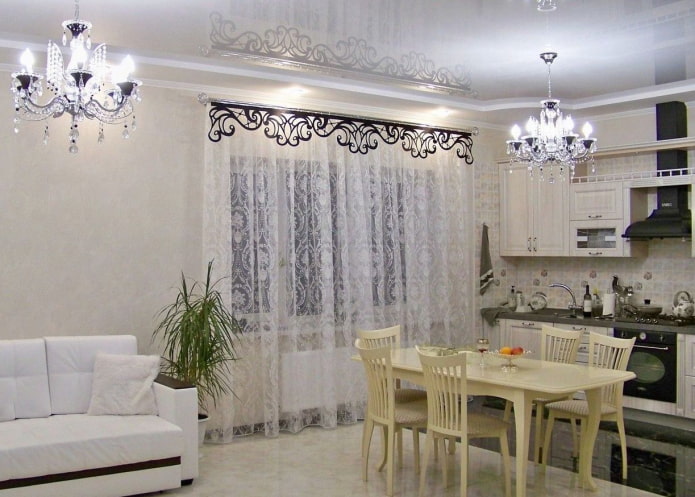 openwork lambrequin in the interior of the kitchen