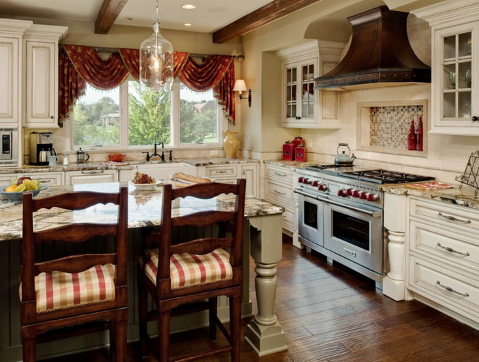 lambrequins in the interior of the kitchen in country style