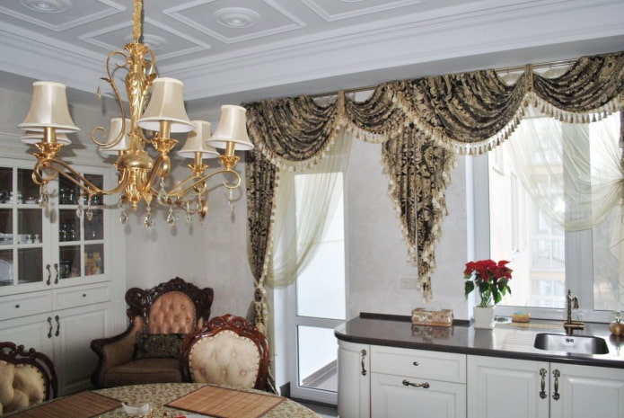 lambrequins with tassels in the interior of the kitchen