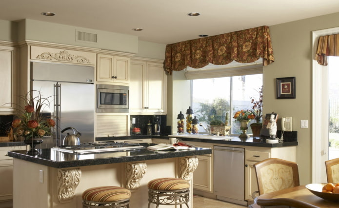 lambrequins with a floral pattern in the interior