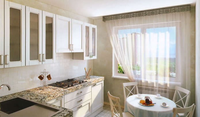 openwork lambrequin in the interior of the kitchen