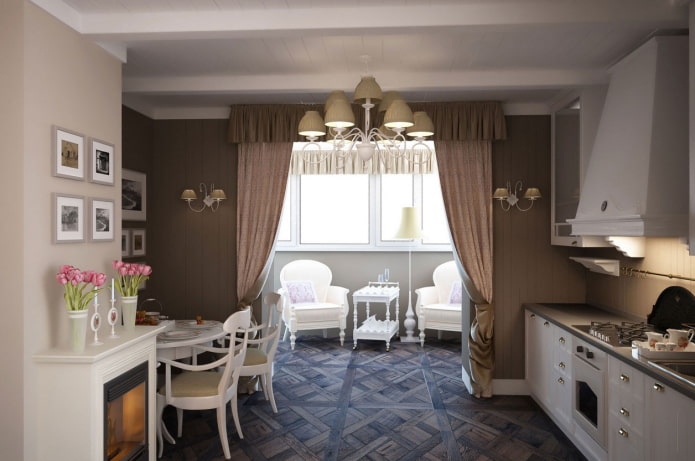 brown lambrequins in the interior of the kitchen