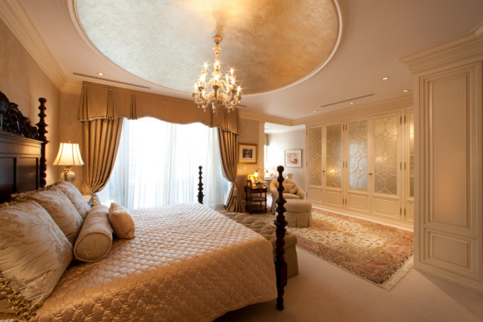 curtains with a lambrequin in the interior of the bedroom