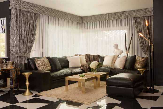 gray curtains with a lambrequin on the corner window