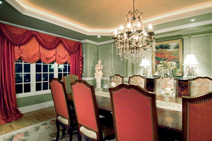 red lambrequins in the dining room