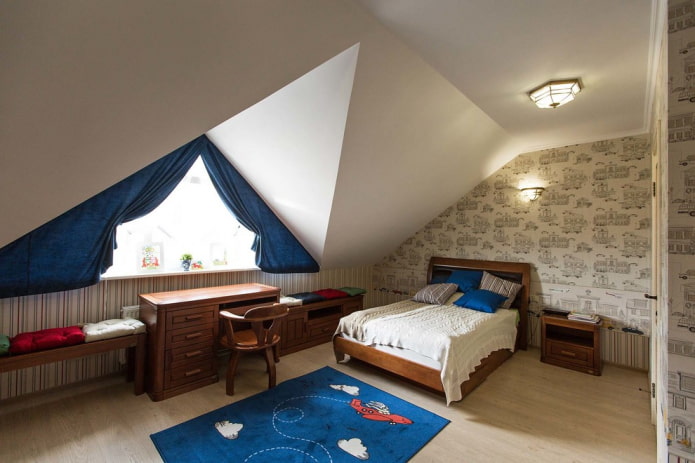 blue curtains on the roof window