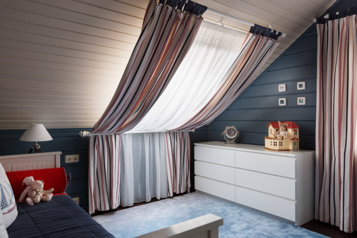 skylight with striped curtains