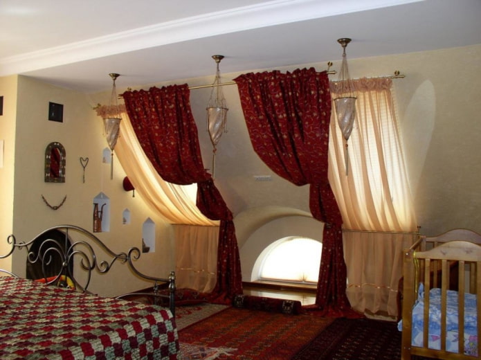 roof window with burgundy curtains
