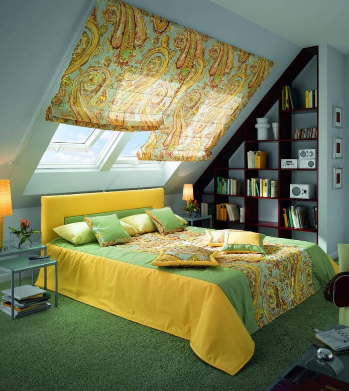 patterned roman shades on the skylight