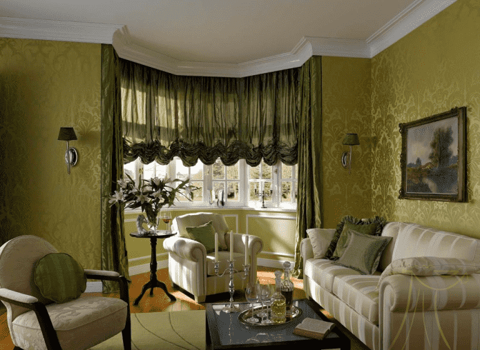 bay window decorated with Austrian curtains bay window decorated with Austrian curtains