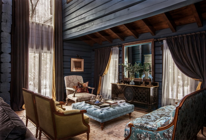 long curtains made of brown translucent organza