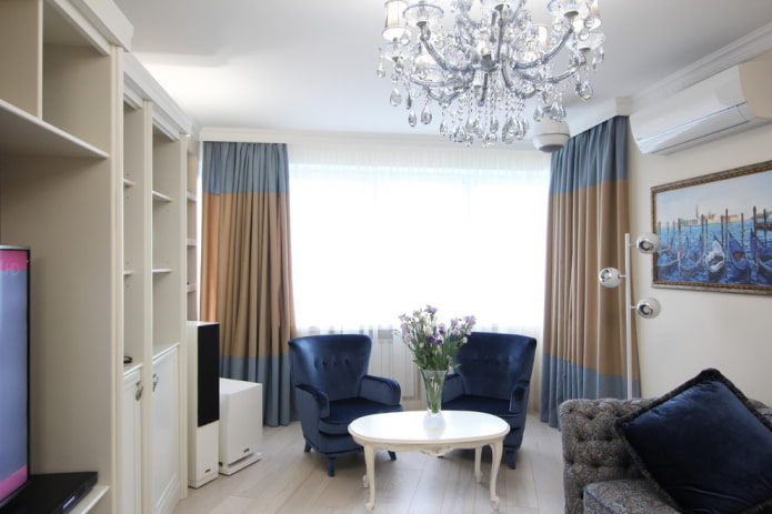 two-tone curtains in the interior of the living room two-tone curtains in the interior of the living room