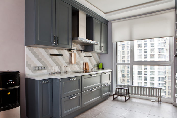 white roller shutters in the interior of the kitchen