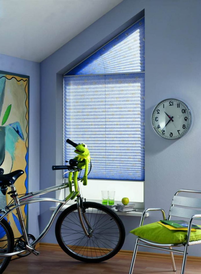 pleated blinds on slanting windows in the interior