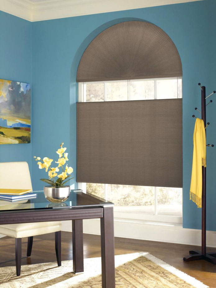 pleated blinds on the arched window in the interior