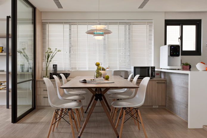 horizontal slats in the interior of the kitchen