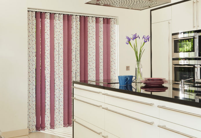 multi-colored blinds in the kitchen
