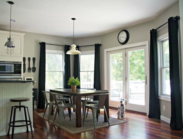 cornices with curtains in the interior of the kitchen