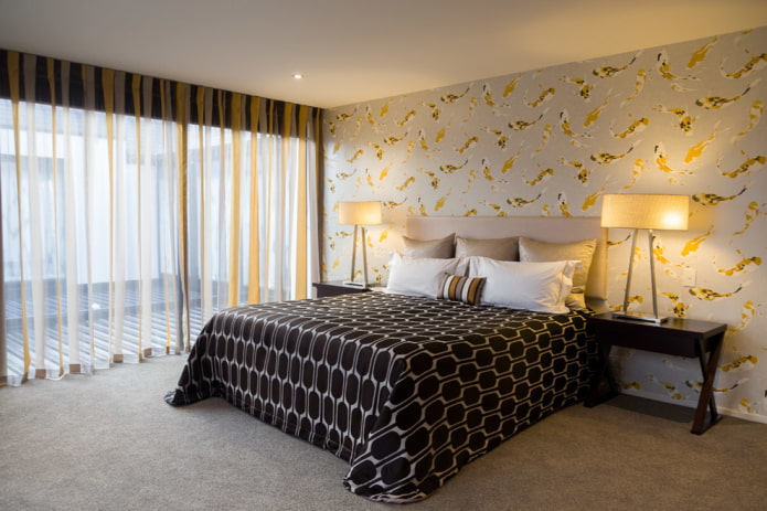 striped curtains in the interior of the bedroom