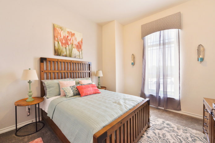 lilac curtains in the interior of the bedroom