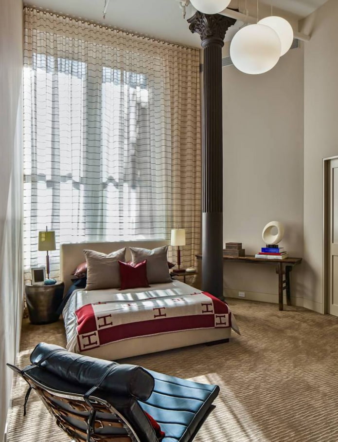 striped curtains in the interior of the bedroom