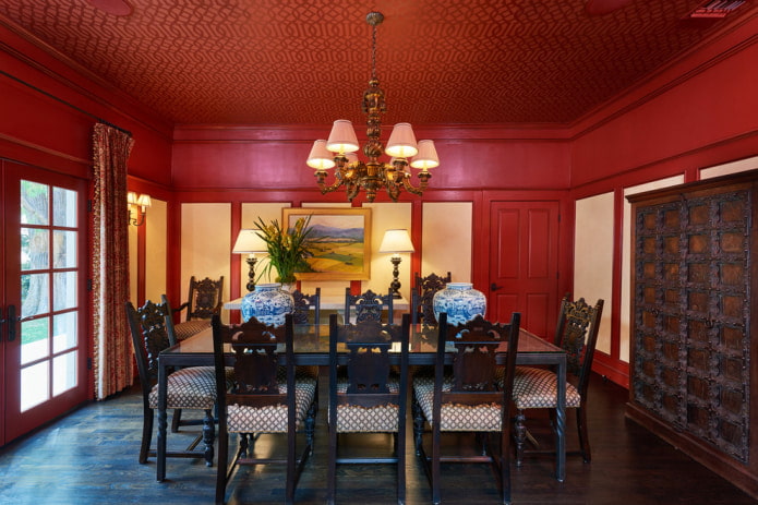 red dining room with patterns on the ceiling red dining room with patterns on the ceiling