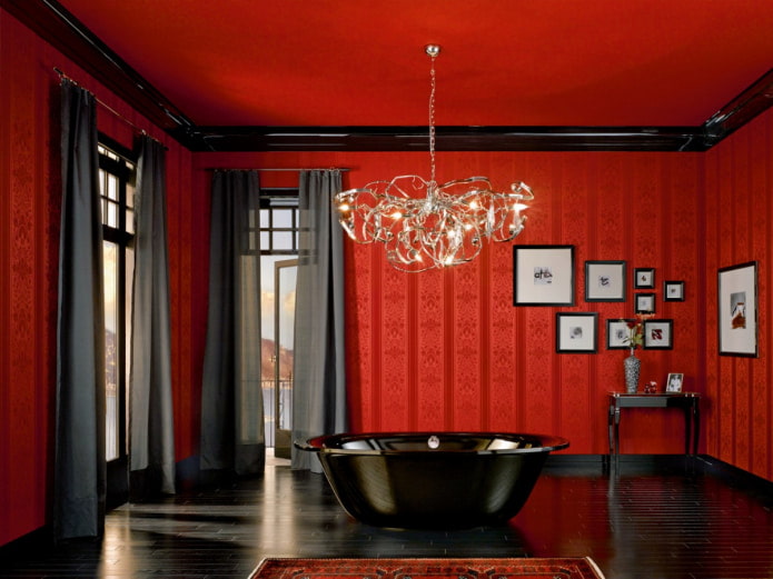 black floor in a spacious red bathroom black floor in a spacious red bathroom