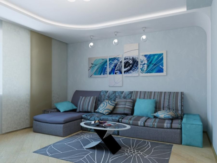 sofa with blue textiles and armrests