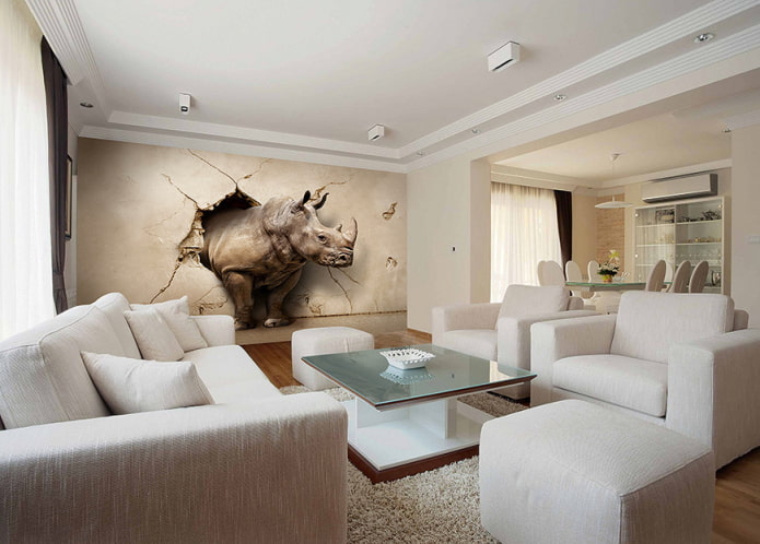 3d wallpaper with a rhinoceros in the interior of the living room 3d wallpaper with a rhinoceros in the interior of the living room