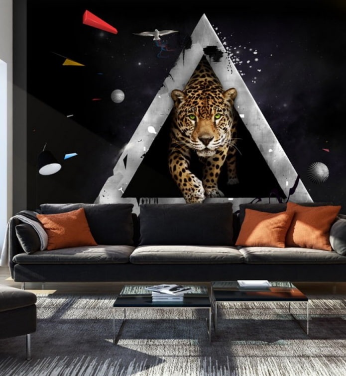 3D photo wallpaper with a cheetah in the interior of the living room 3D photo wallpaper with a cheetah in the interior of the living room