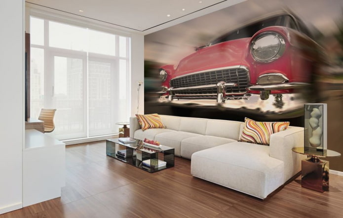 3d wallpaper with a car in the living room 3d wallpaper with a car in the living room