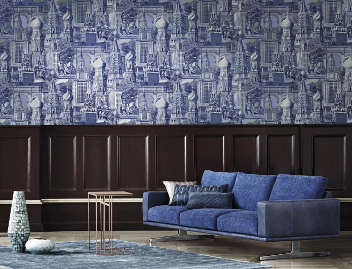 blue wallpaper urban print in the interior blue wallpaper urban print in the interior