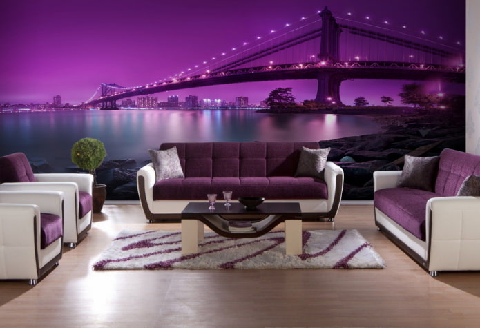 lilac wallpaper with the image of the city in the interior lilac wallpaper with the image of the city in the interior