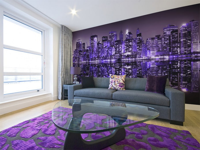 purple wallpaper with the image of the city in the interior purple wallpaper with the image of the city in the interior