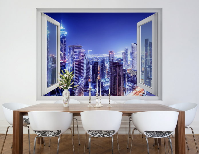 Photo wallpaper with a view from the window on the city in the dining room Photo wallpaper with a view from the window on the city in the dining room
