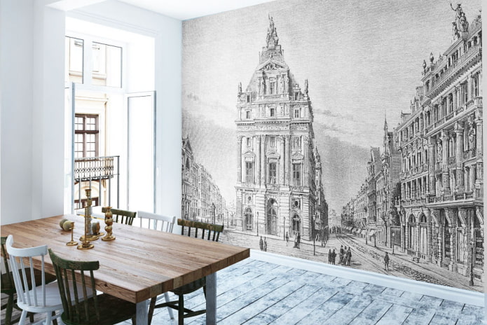 wallpaper with the image of the old city in the interior of the kitchen wallpaper with the image of the old city in the interior of the kitchen