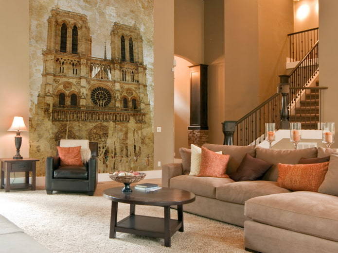 photo wallpaper with the image of Notre Dame de Paris in the interior of the living room photo wallpaper with the image of Notre Dame de Paris in the interior of the living room