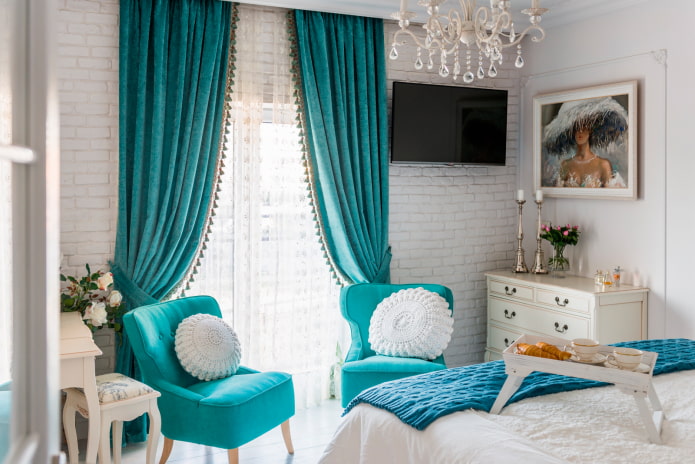 velvet curtains of turquoise color in the interior velvet curtains of turquoise color in the interior