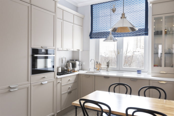 blue roman curtains in the interior of the kitchen blue roman curtains in the interior of the kitchen