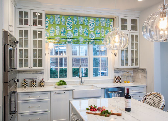 green patterned roman curtains in the kitchen green patterned roman curtains in the kitchen