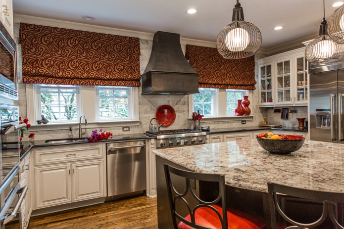 patterned roman curtains in the interior of the kitchen patterned roman curtains in the interior of the kitchen