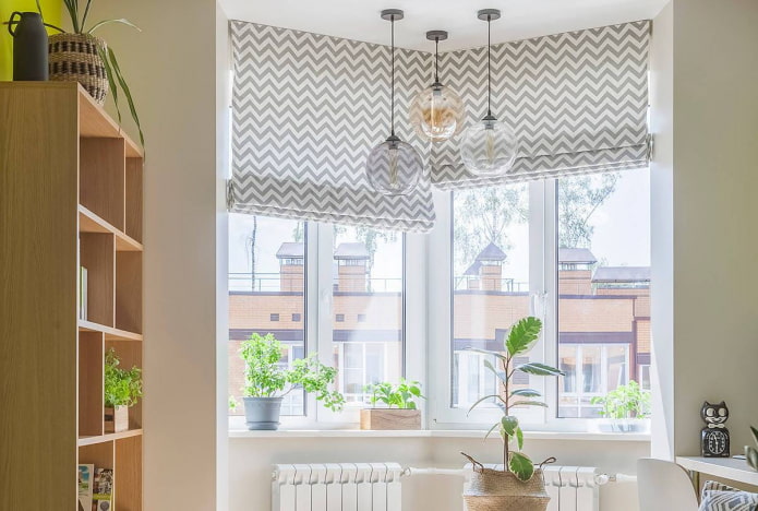 Roman blinds on a triangular bay window