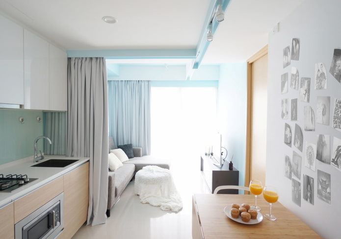 zoning with curtains of the kitchen and living room zoning with curtains of the kitchen and living room