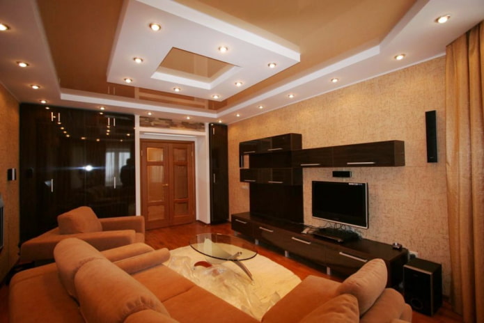 gypsum plasterboard construction with a stretch canvas in the living room gypsum plasterboard construction with a stretch canvas in the living room