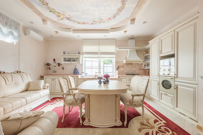 fabric ceiling with a pattern in the interior of a spacious kitchen